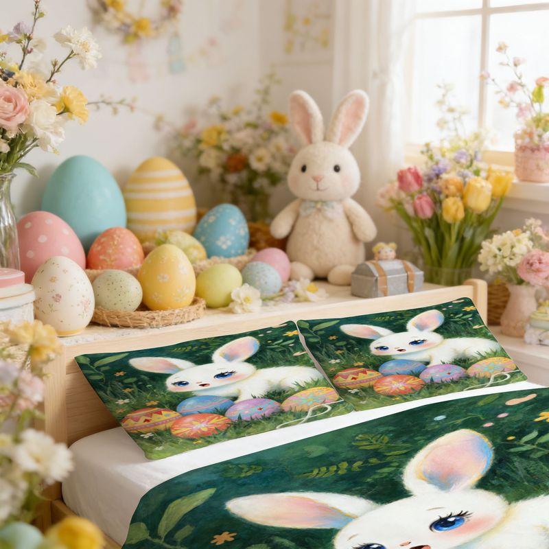 Bedding,Pillowcase,Quilt Cover 3-Piece Set,White Rabbit Sitting,Egg Pattern,Easter Home Decoration
