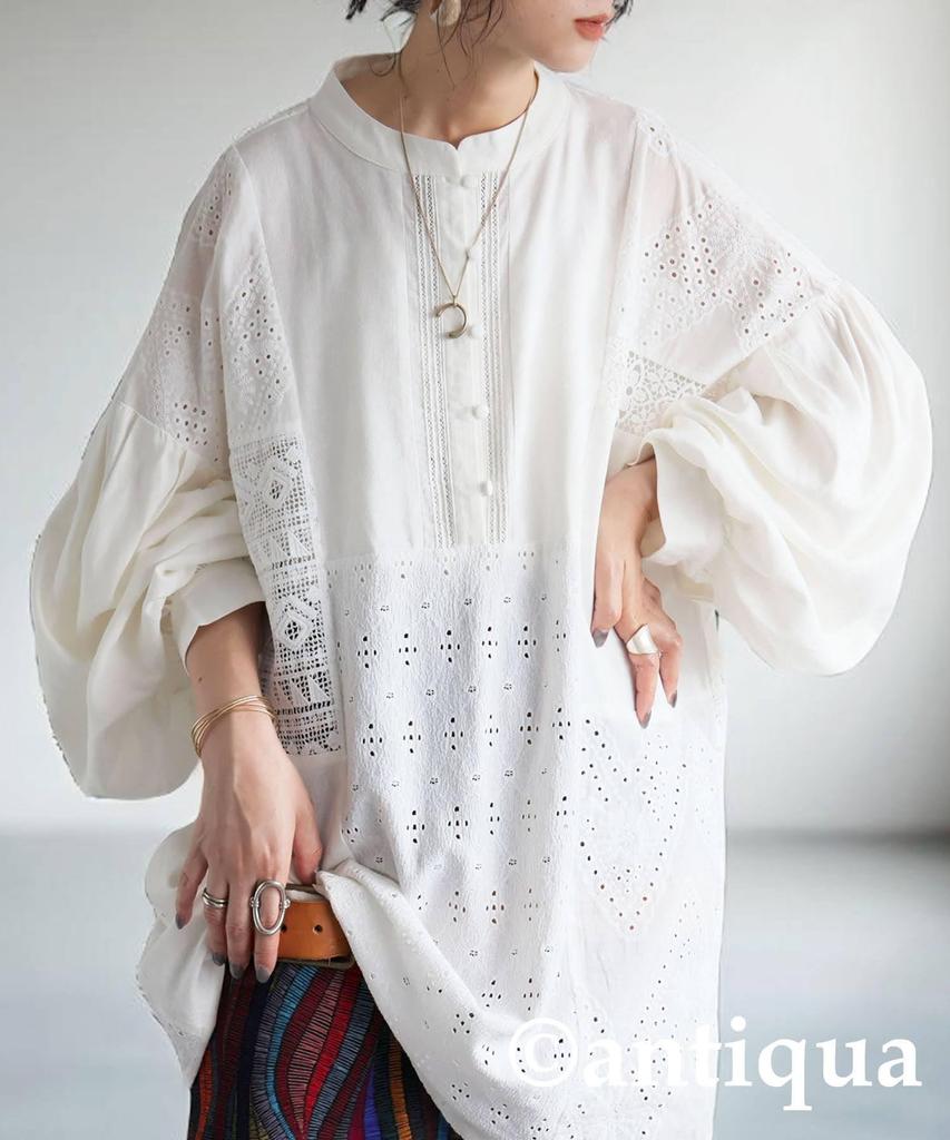 Antiqua Lace Docking Long Size Women's Shirt, Sleeve, PY-00814, F, 49, Off-White