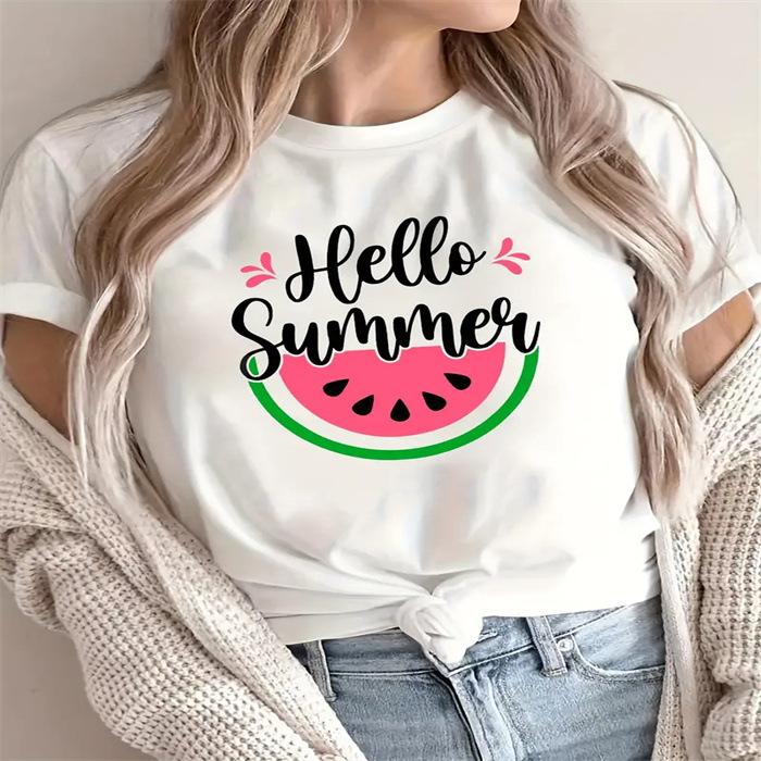 Letní top s kulatým výstřihem a potiskem Módní Ležérní Roztomilá dámská trička z čisté bavlny s krátkým rukávem