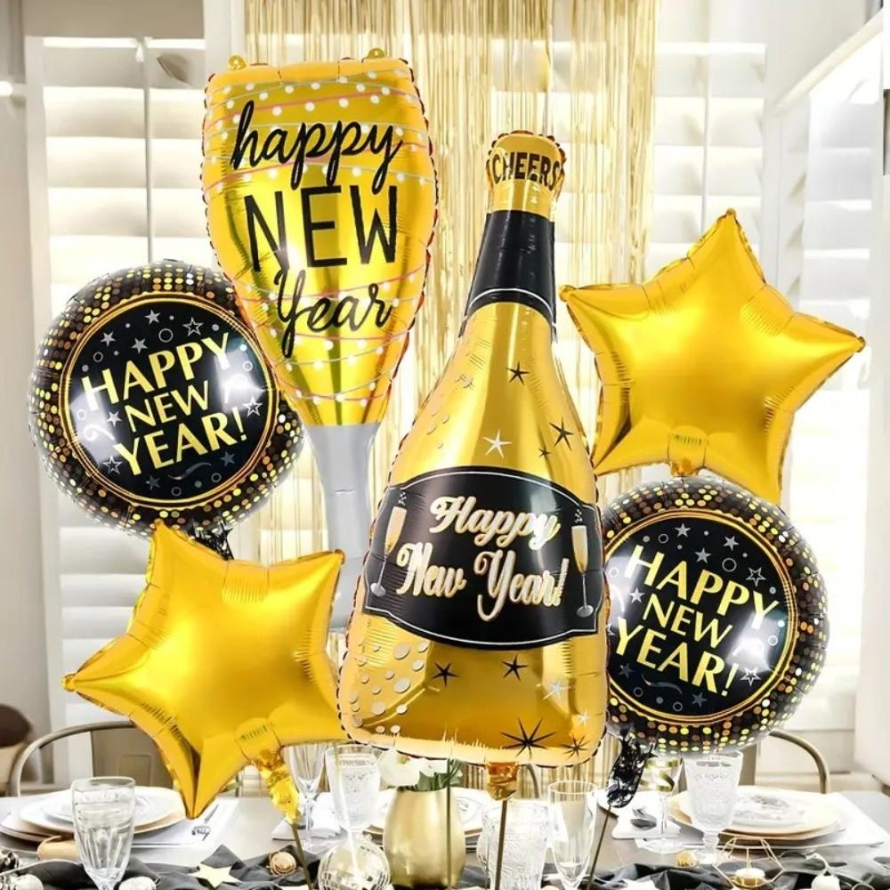 Star Shape Foil Balloon Set Champagne Bottle New Year Balloons New Year Party