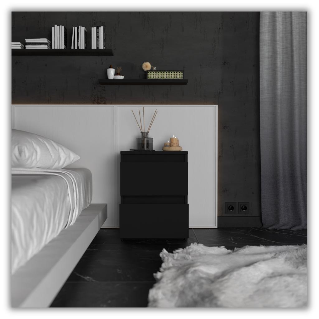 Black Bedside Cabinet 40Cm 2 Drawers Large High Bedside Table Nakastlik Loft