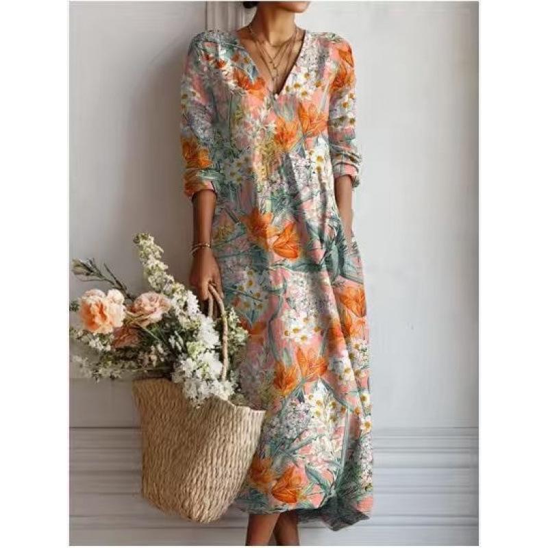 Abito Midi da Donna con Scollo a V, Stampa Floreale Grande, Manica Lunga, Vestibilità Larga, Stile Boemo, Casual, Vestito Estivo da Spiaggia con Tasche