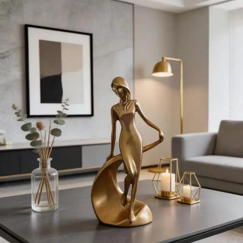 Creative Gilded Girl Resin Sculpture, Light Luxury Nordic Modern Abstract Statue, Living Room Entryway Home Decor Art Ornament