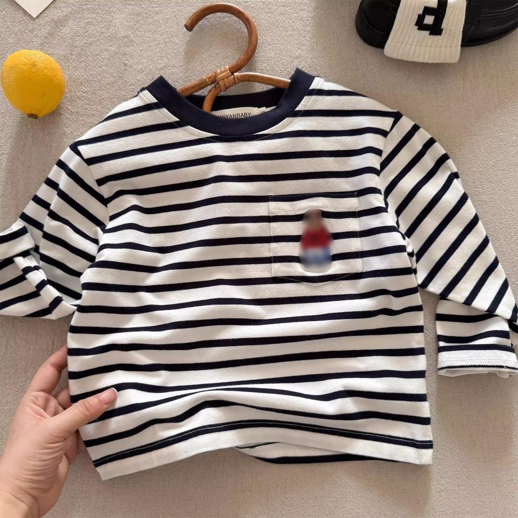 Boys Long Sleeve Striped Bear Print Base Layer Top for Autumn