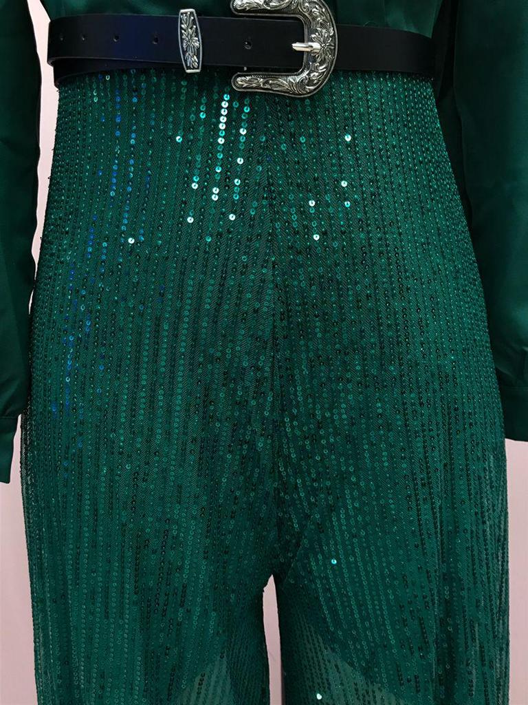 2025 Women's Fashion Sequin V-neck Elegant Slimming Wide-leg Long-sleeve Shirt