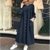 Muslims Clothes Solid Color Buckle Front Casual Loose Pocket Women's Long-sleeved Shirt Long Dress Musulman Dubai Muslim Kaftan Dresses Oversize