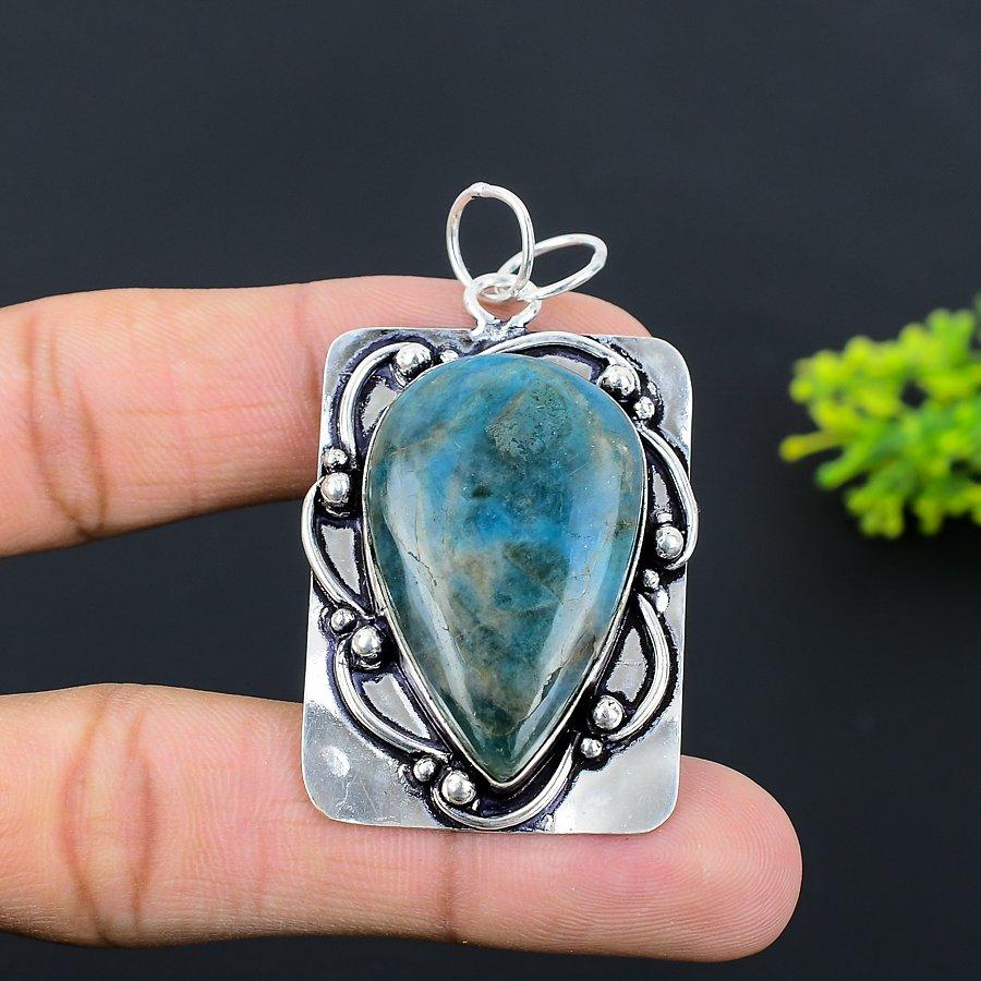 Neonblauer Apatit Edelstein 925 Sterlingsilber Schmuck Anhänger 2.36" z9D50
