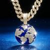 Hip Hop Full Diamond Planet Earth Pendant Cuban Chain Men'S Personality Environmental Protection Alloy Jewelry Wind Stacked Necklace