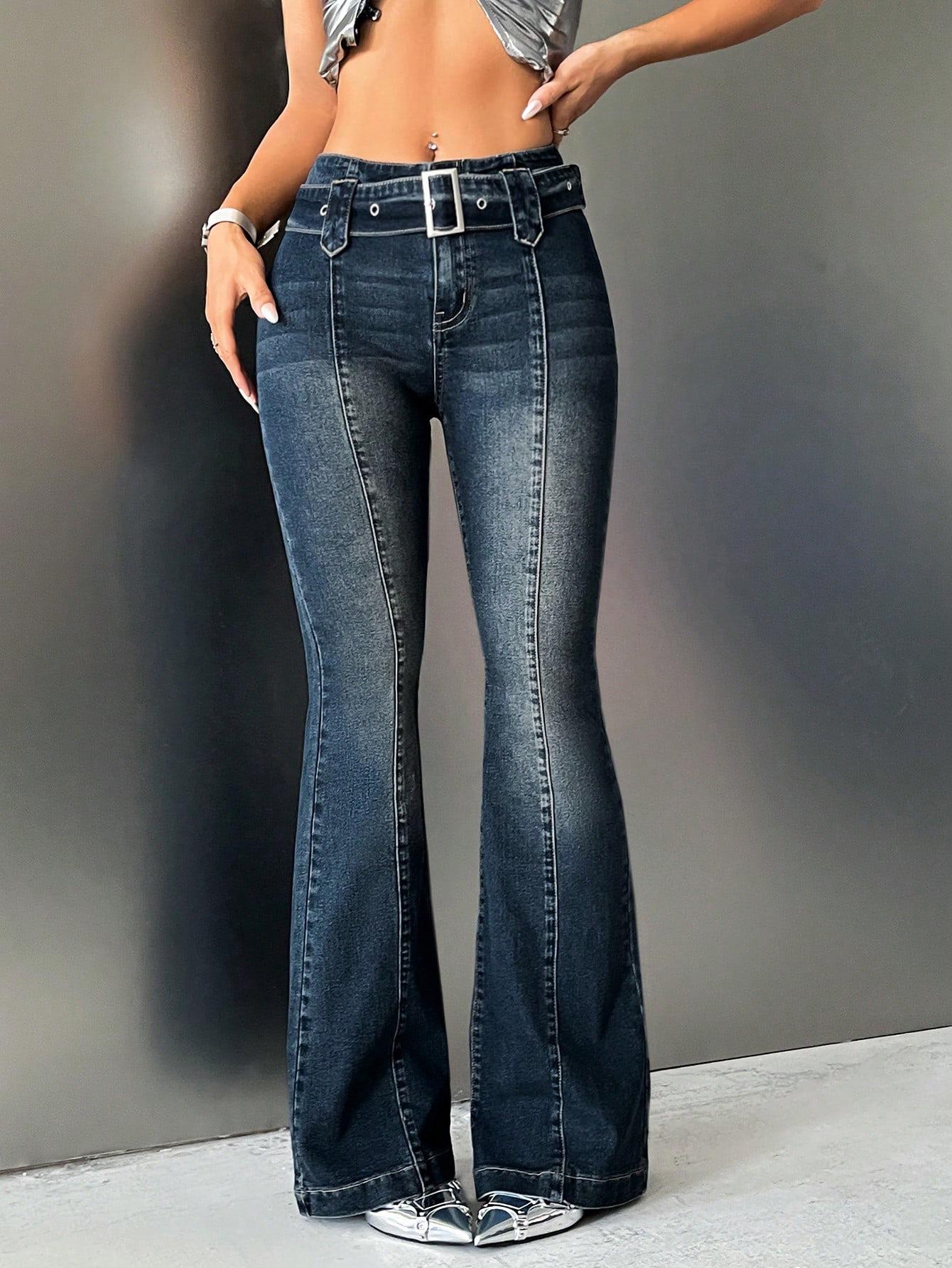 2026 European & American Trendy Slim Fit High-Waisted Dark Blue Flared Denim Pants XS