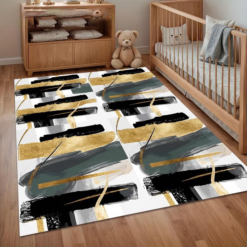 White Gold Abstract Brushstroke Area Rug for Living Room Bedroom Modern Luxe Eco-Friendly Home Decor Non Slip Washable Floor Mat