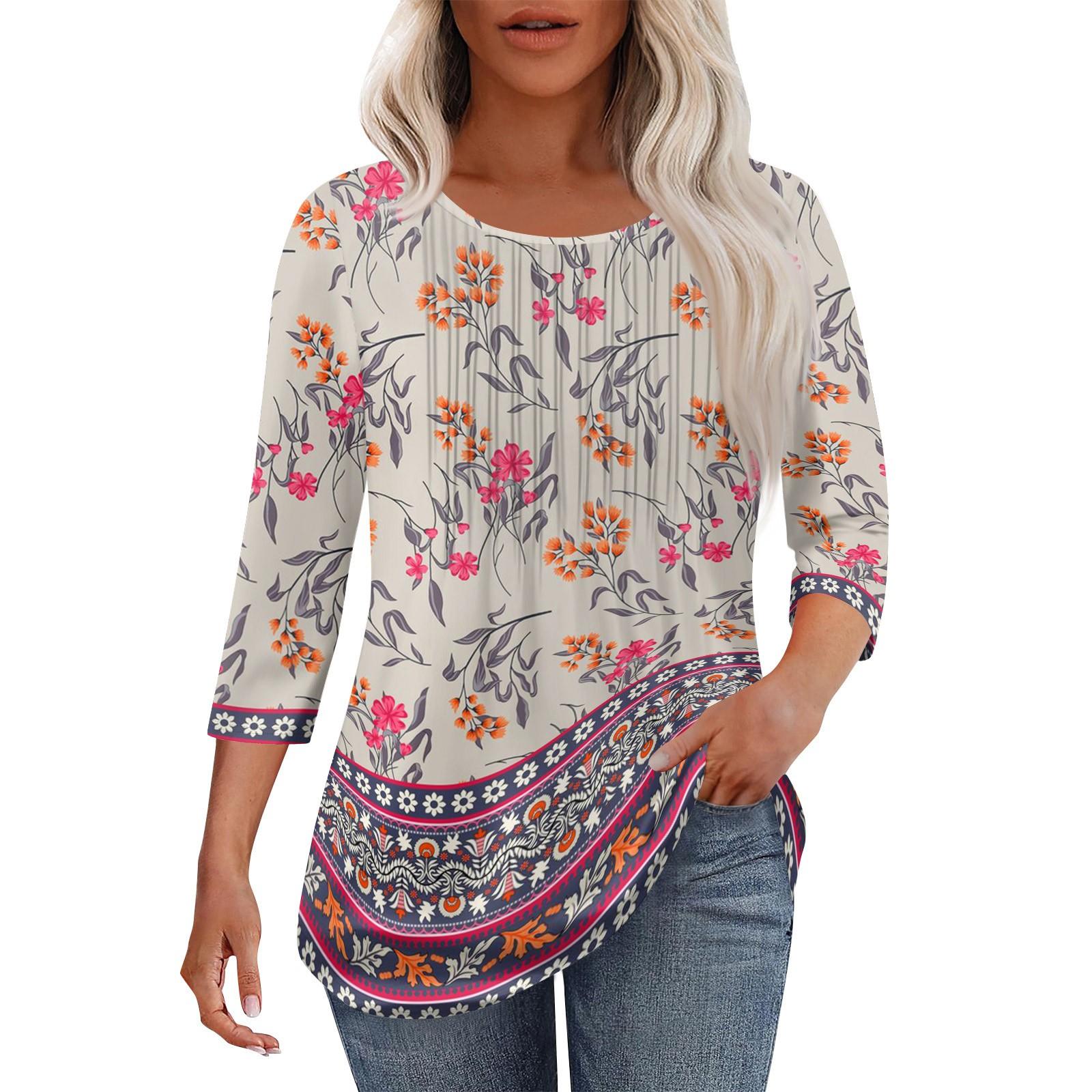 

Women s Fashionable Casual Pleated Round Neck Casual Floral Print Seven Quarter Sleeved T-shirt Top M хакі