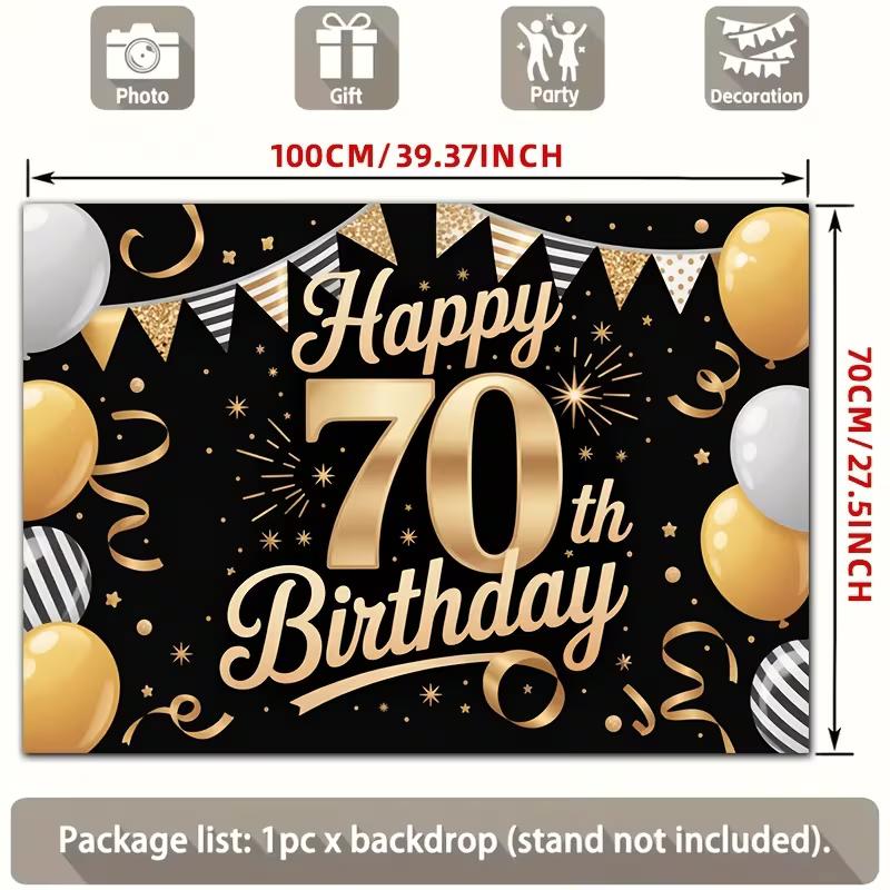 2D Happy 70th Birthday Backdrop Black Gold Ribbon Party Decoration