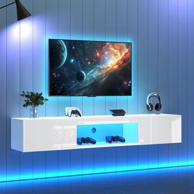 Flieks TV Cabinet with LED Lighting, TV Board with 2 Drop-Down Doors, Open Compartment, Modern Wall-Mounted TV Cabinet for Living Room, Bedroom