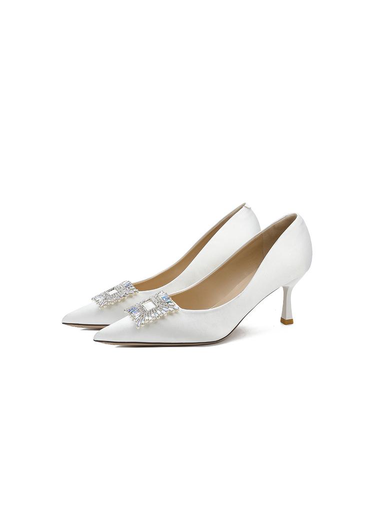 2025 New White Wedding Shoes Crystal Rhinestone Bridesmaids Bride Shoes Thin Heel Pointed Light Mouth Dress High Heel Single Shoes