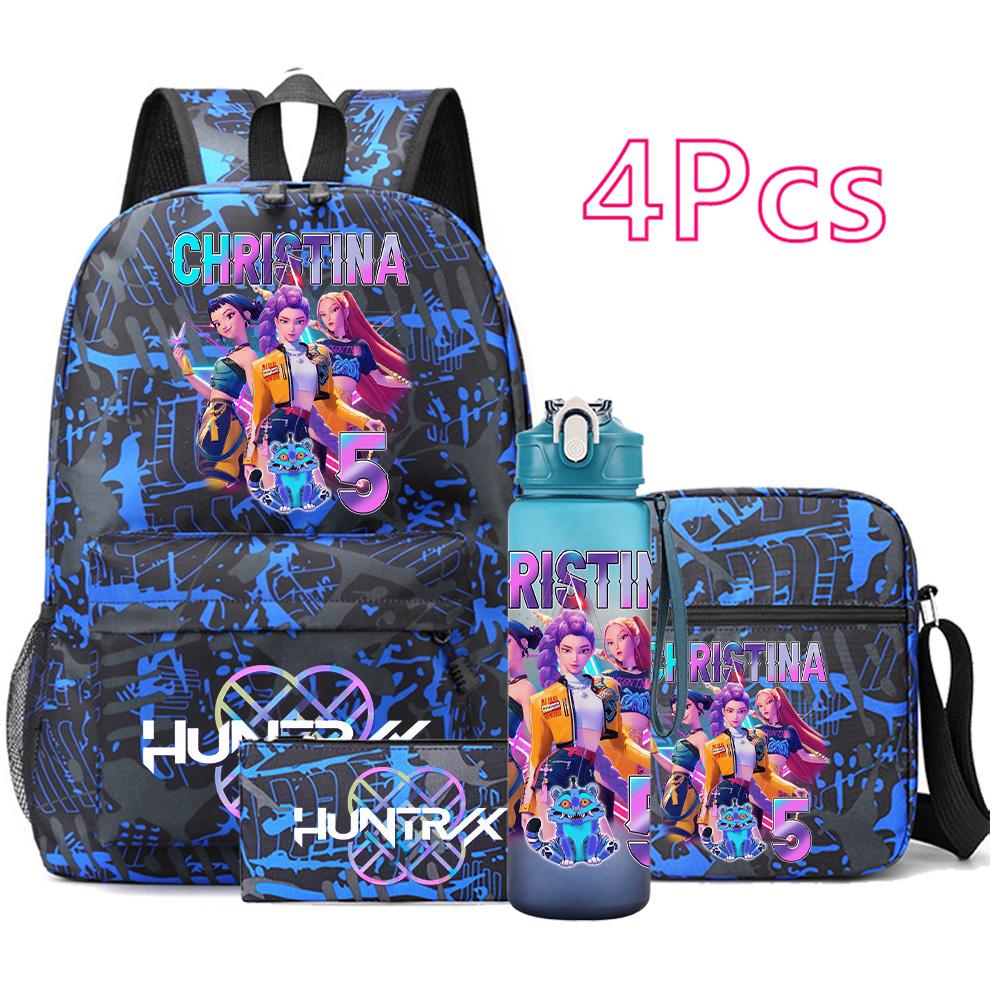 4Pcs/set Anime K-Pop Demon Hunters Printed Backpack Bookbag Shoulder Bag Case Bag with 750Ml Water Bottler for Boy Girl Large Capacity Schoolbag