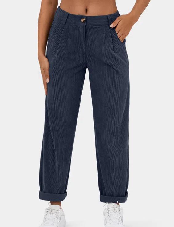 2026 Women's High Waist Casual Corduroy Pants - Solid Color, Loose Fit, Straight Leg