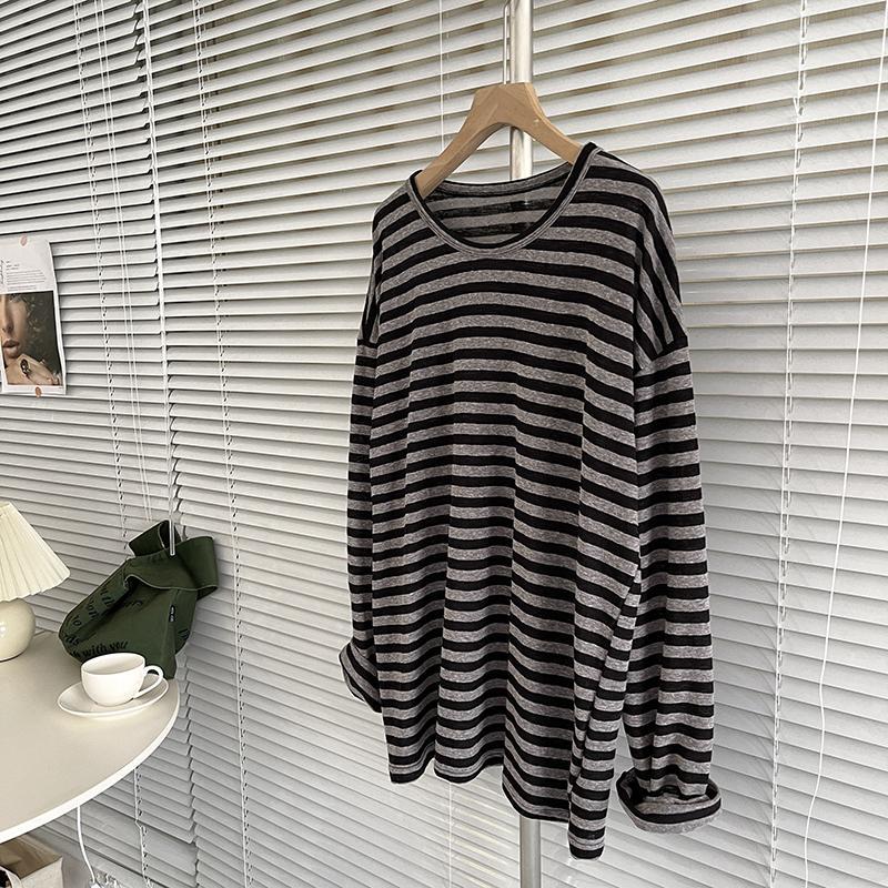 Women's Striped Long Sleeve T Shirt Loose O Neck Tops Retro Female Tees Bottoming Base Shirt