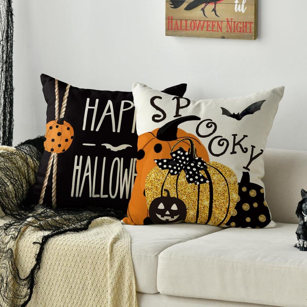 AVOIN colorlife Happy Halloween Boo Black Cat Trick or Treat Throw Pillow Covers, 18 x 18 Inch Spooky Pumpkin Bat Cushion Case for Sofa Couch Set of