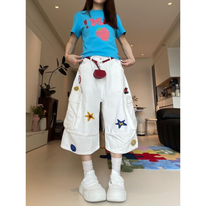 

Retro embroidered denim cropped pants women s summer new Spice Girl high waist and thin loose wide leg tooling shorts S белый
