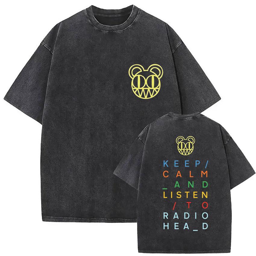 Vintage Washed Radiohead Tour  Print T Shirts Men Women Hip Hop Loose Pop British Rock Short Sleeve Tshirt Punk Streetwear