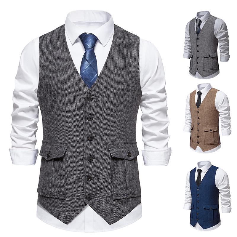 Retro Single-Breasted Men's Suit Vest with Three-Dimensional Pockets