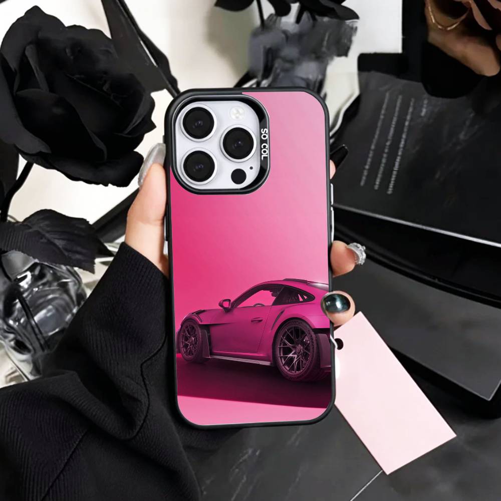 Pink S-Sports C-Car Rear Pattern Phone Case For iPhone17,16,15,14,13,12,11 Plus,Pro Max Colored Silver Plated Inside Cover iPhone15pro