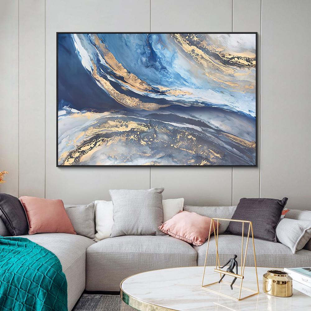

(solid Wood Frame) Jinhe Blue Abstract Painting Canvas, Posters and Prints, Living Room Art, Home Decoration