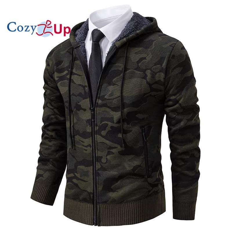 Cozy Up Men's Cardigan Jacket Hooded Sherpa Cashmere Casual Camouflage Thickened Warm
