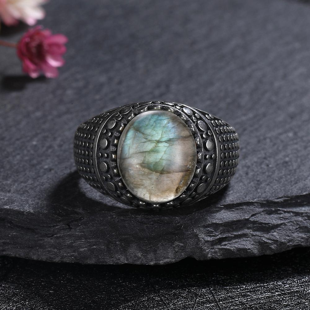 CopperRing for Women Oval Round Natural Labradorite Ring Gift Sun Shaped Retro Luxury Fine Jewelry