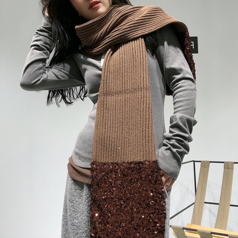 Pure cotton autumn and winter new scarf female high-end designer brand cotton sequined versatile knitted scarf