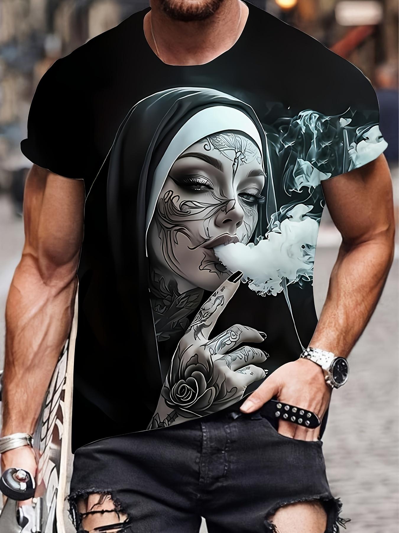 

Men s with Smoking Nun 3D Graphic T-Shirt Black Casual Summer Tee Short Sleeves Polyester Streetwear T-Shirts Vintage Clothing XXS