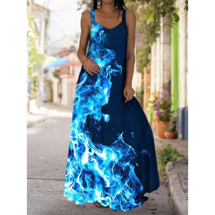 

Бохо Летнее Пляжное Платье Женское Повседневное Свободное Расклешенное Платье на Бретелях с V-образным Вырезом с Принтом Без Рукавов с Открытыми Плечами Длинное Платье Большого Размера Мода 5XL темно-синий