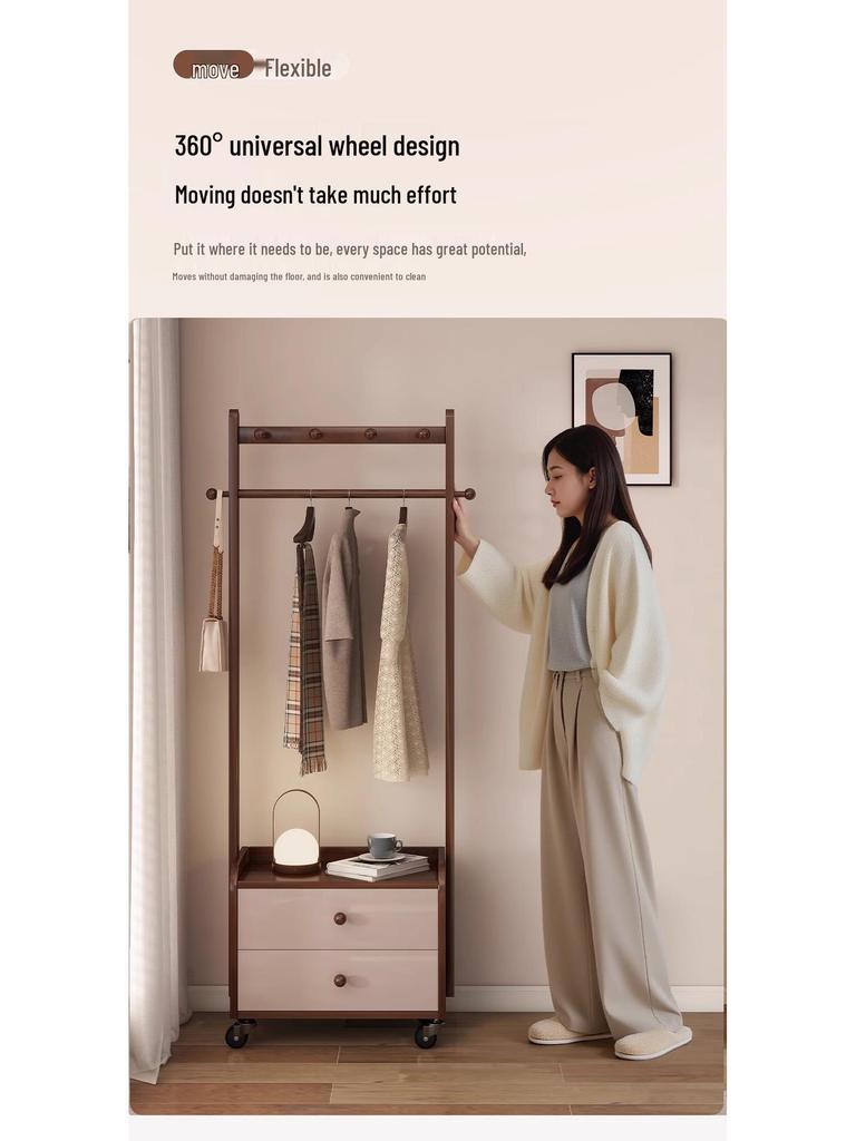 Solid Wood Bedside Table & Coat Rack with Storage Shelf – Indoor Bedroom Floor-Standing Clothes Rack