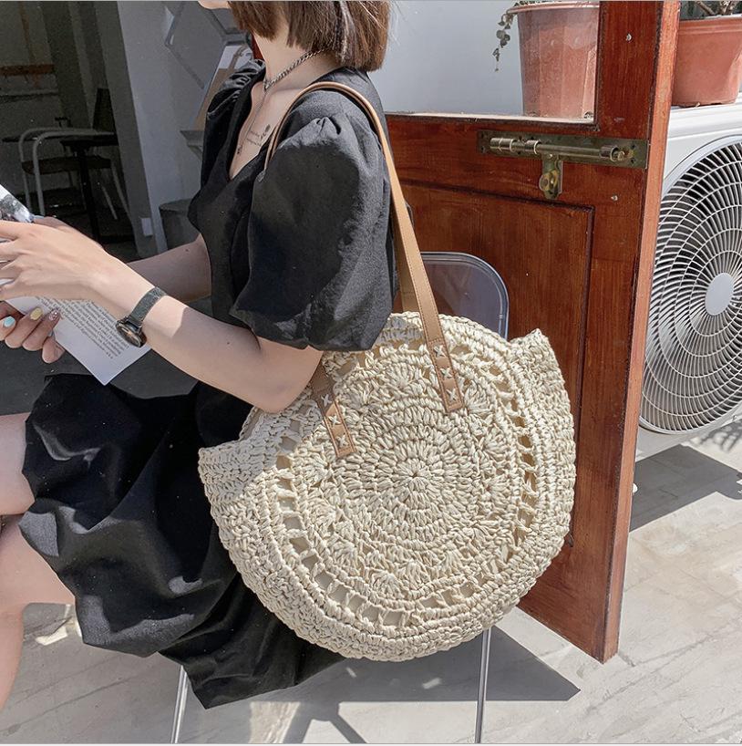 Round Ethnic Style Woven Shoulder Bag - Hollow Paper Rope Tote for Summer Beach and Commute