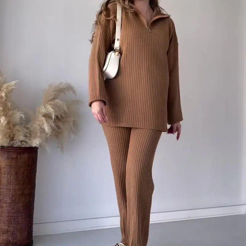 New European and American Solid Fashion Lapel Slim fit Loose Base Knit Set Women Knitted Set
