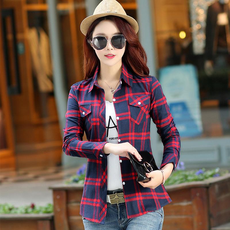 New Cotton Women's Shirts Grid Plus Size M-5XL Blouse Shirt Casual Long Sleeve Checkered Shirt  Turn-down Collar Streetwear