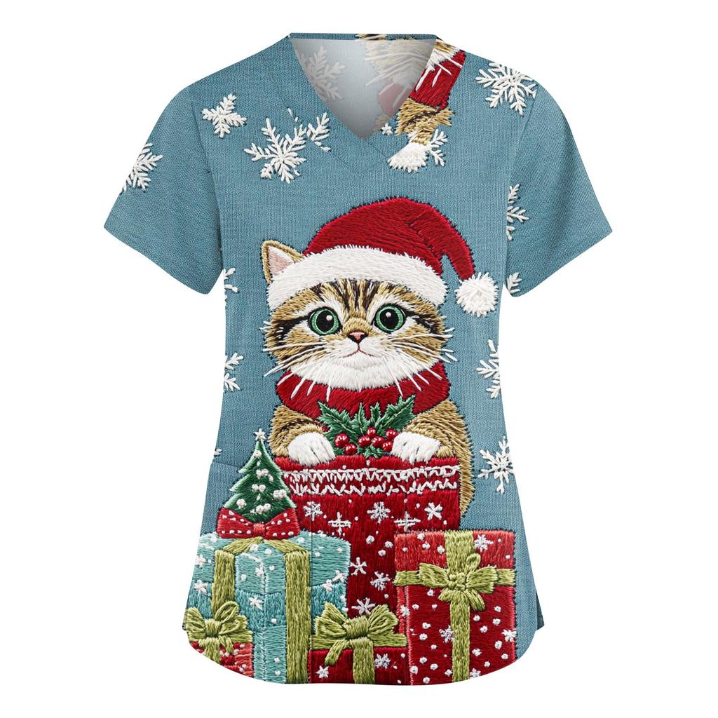 Damen Modische V-Ausschnitt Arbeitskleidung Weihnachten Bedruckt Kurzärmlig Tasche Seitenschlitz Arbeitskleidung Basic Pullover Top