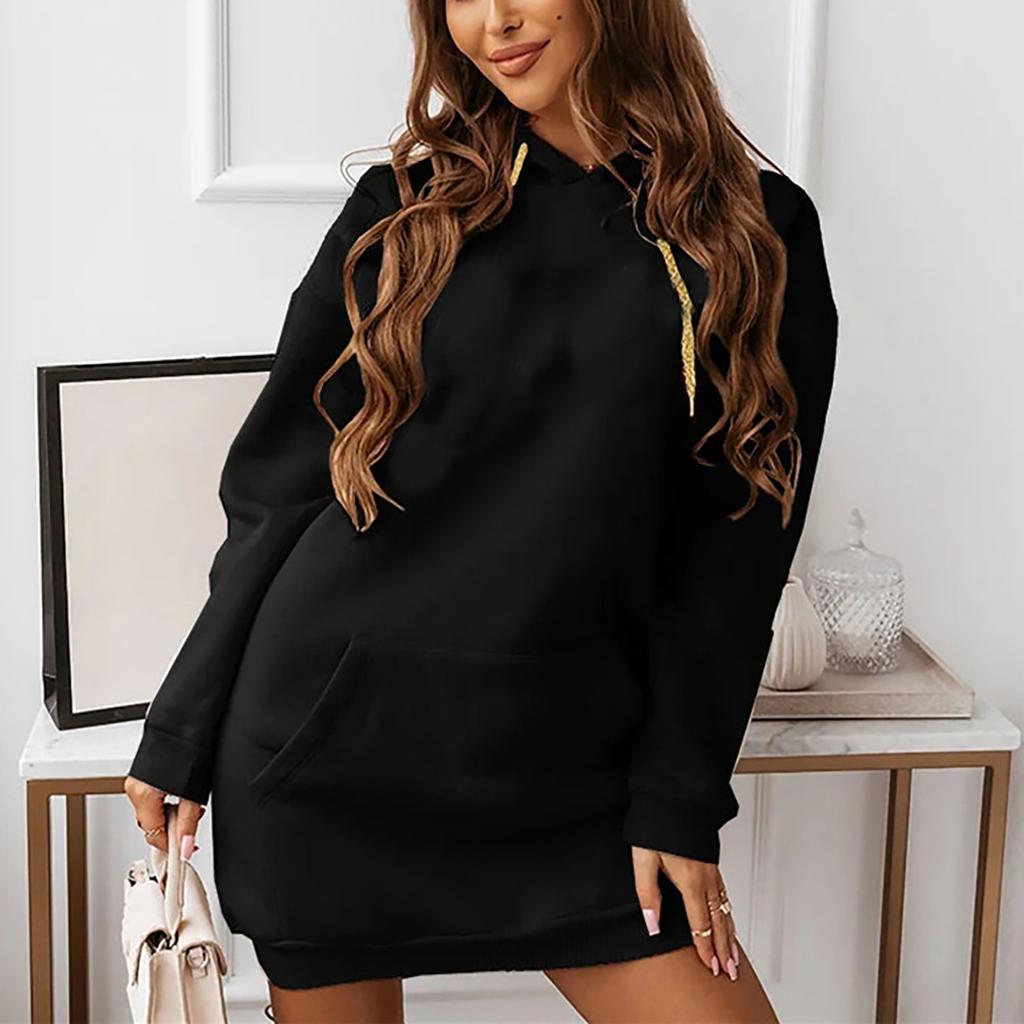 Women  Casual Patchwork Hooded Solid Color Loose Long Sleeve Sweatshirt Tops