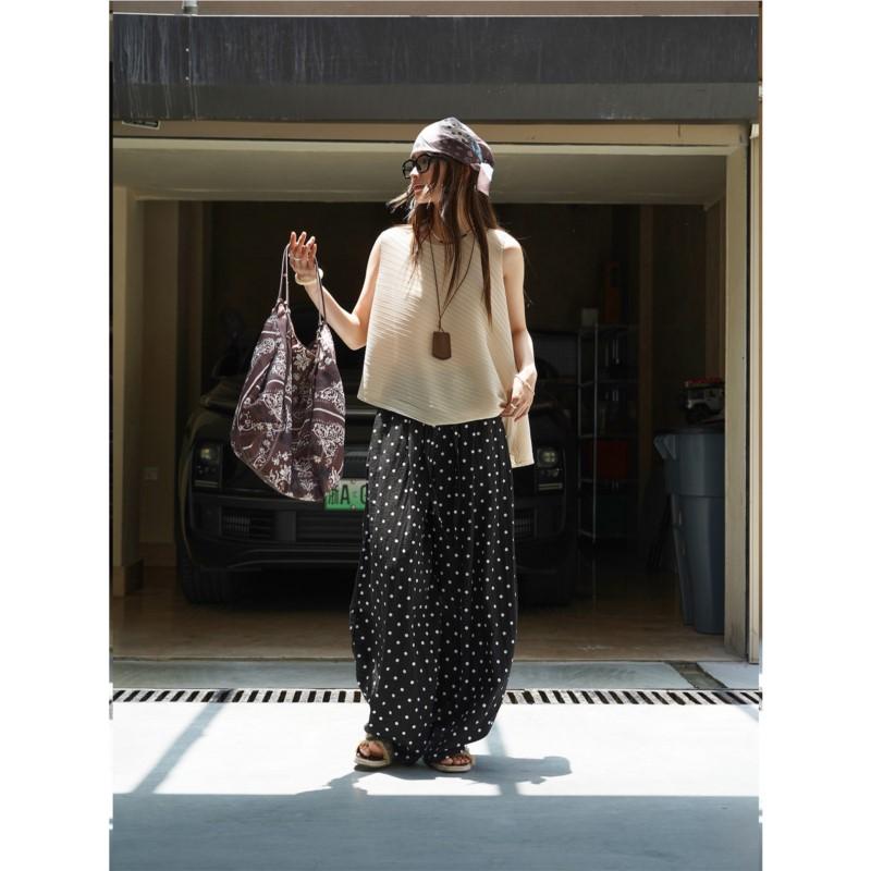 Johnature Summer Japanese Retro Polka Dot Wide-leg Casual Women Pants Casual Comfortable Loose High-waisted Trousers