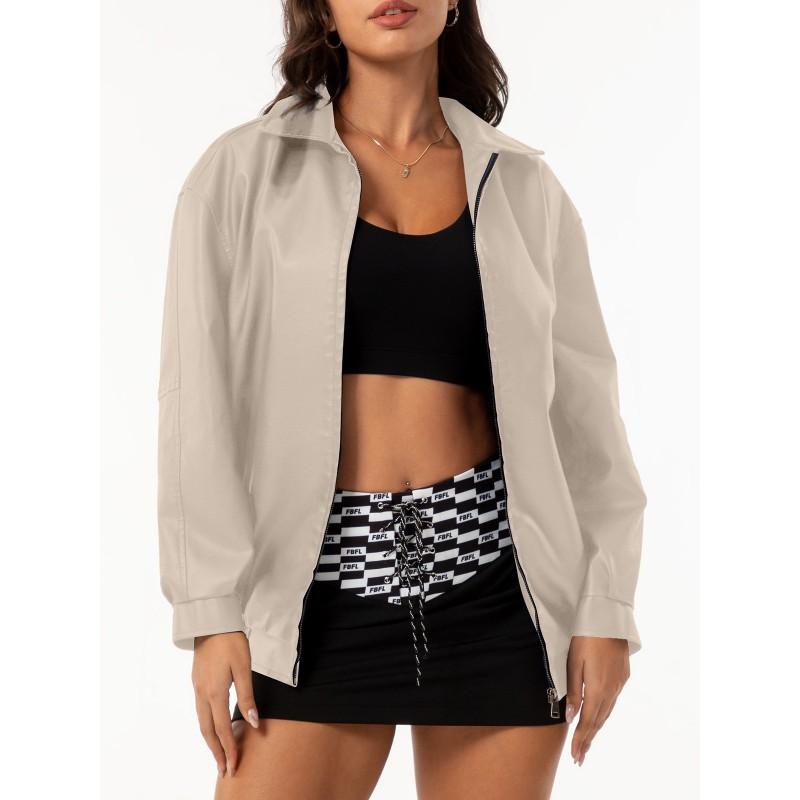 Womens Oversized PU Leather Jacket Loose Fit Long Sleeve Turn-Down Collar Casual Coat