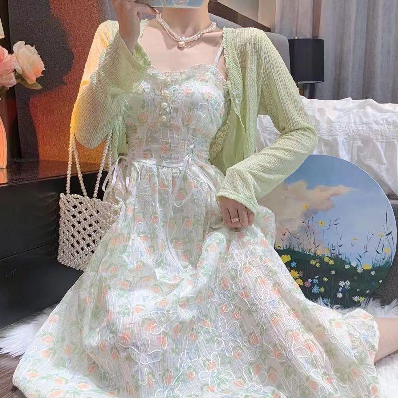 Women's Summer Floral Mid-Length Dress & Cardigan Set