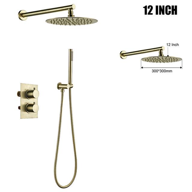 Bursh Gold Thermostatic Shower Faucet Set Bathroom System With Rain Handheld Wall Mount Luxury Mixer Tap With Conceal Diverter