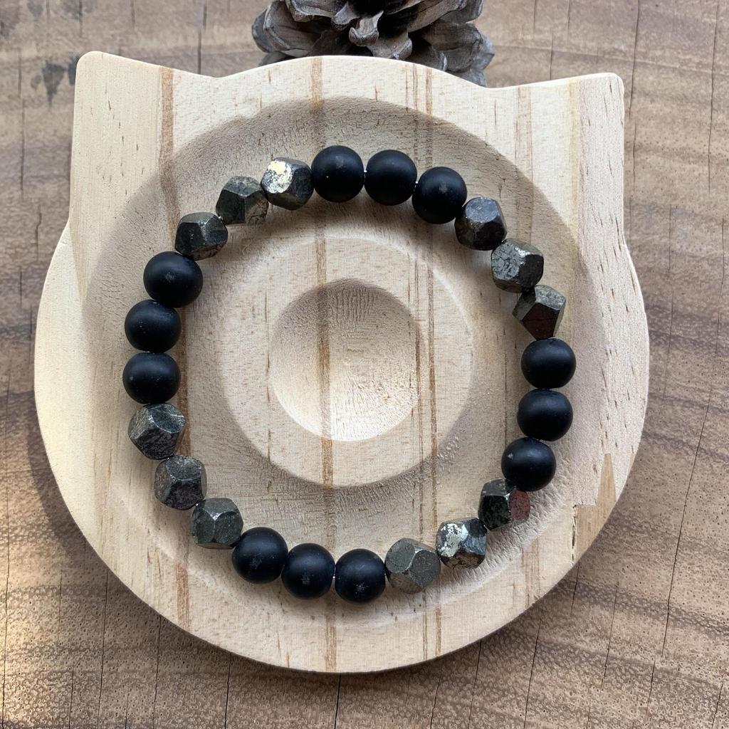 Faceted Chalcopyrite and Black Agate Bracelet