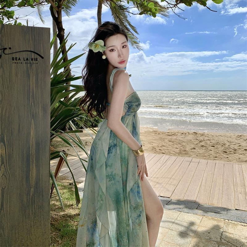 Meeresurlaub Dopamin Wear Unregelmäßiger Fleck Hosenträgerkleid Damen Sommer Fee Dünn Strandkleid