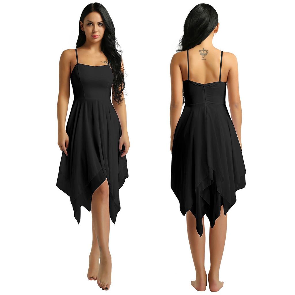 Damen-Ballettkleid für Gesellschaftstanz, Spaghettiträger, ärmellos, asymmetrisch, zeitgenössische Tanzbekleidung