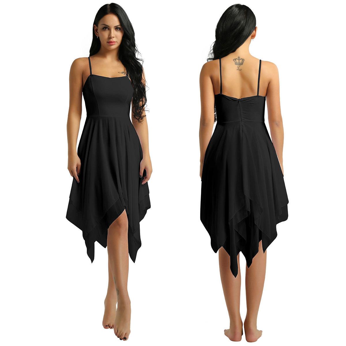 Fldy Lyrisch danskostuum voor dames, asymmetrisch chiffon, modern balletjurk, ballroomdanskleding XXL zwart