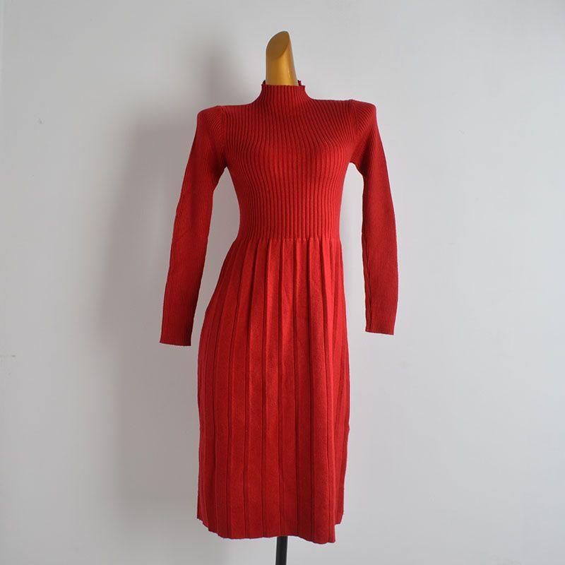 

French Simplicity Solid Color Rib Fabric Half Turtleneck Knitting Dress Women s Clothing Fall and Winter Waist Slim Looking Sheath A- line Skirt Red One size
