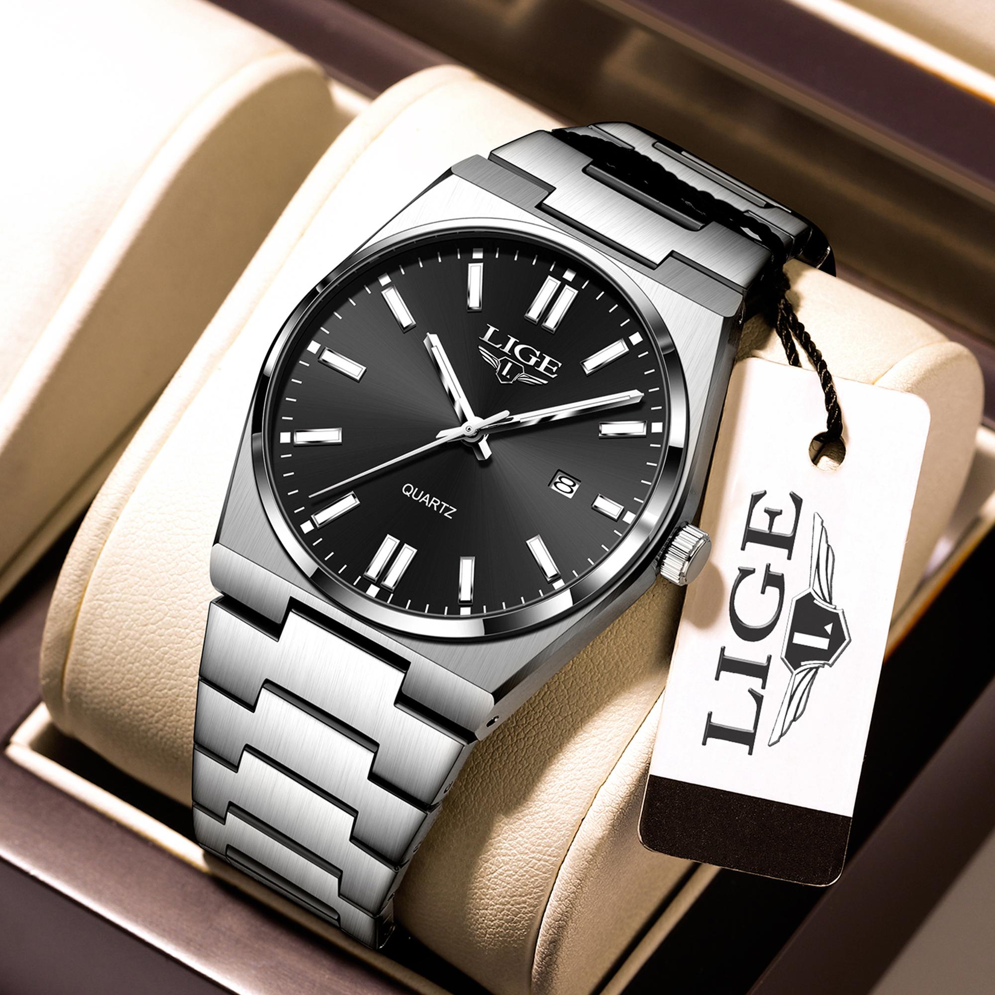 

LIGE Мужские часы Модные повседневные мужские кварцевые часы из нержавеющей стали Светящиеся водонепроницаемые спортивные часы для мужчин чёрный