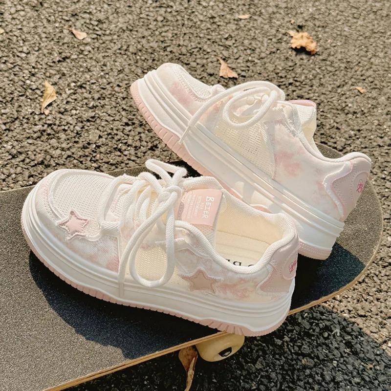 Fashion 2025Round-toe Lace-up Casual White Thick-soled Vulcanized Shoe Seasonal New Sneakers  Comfortable Flat-soled Fashion