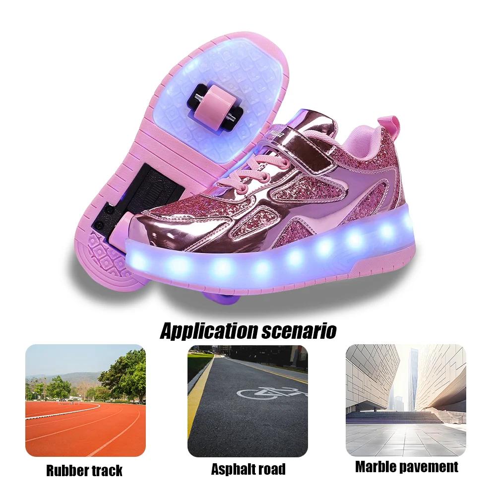 Women 2-wheel Roller Skate Shoes Trend Girls' Shoes With LED Retractable Child Dual-Purpose Casual Sneakers With Wheels